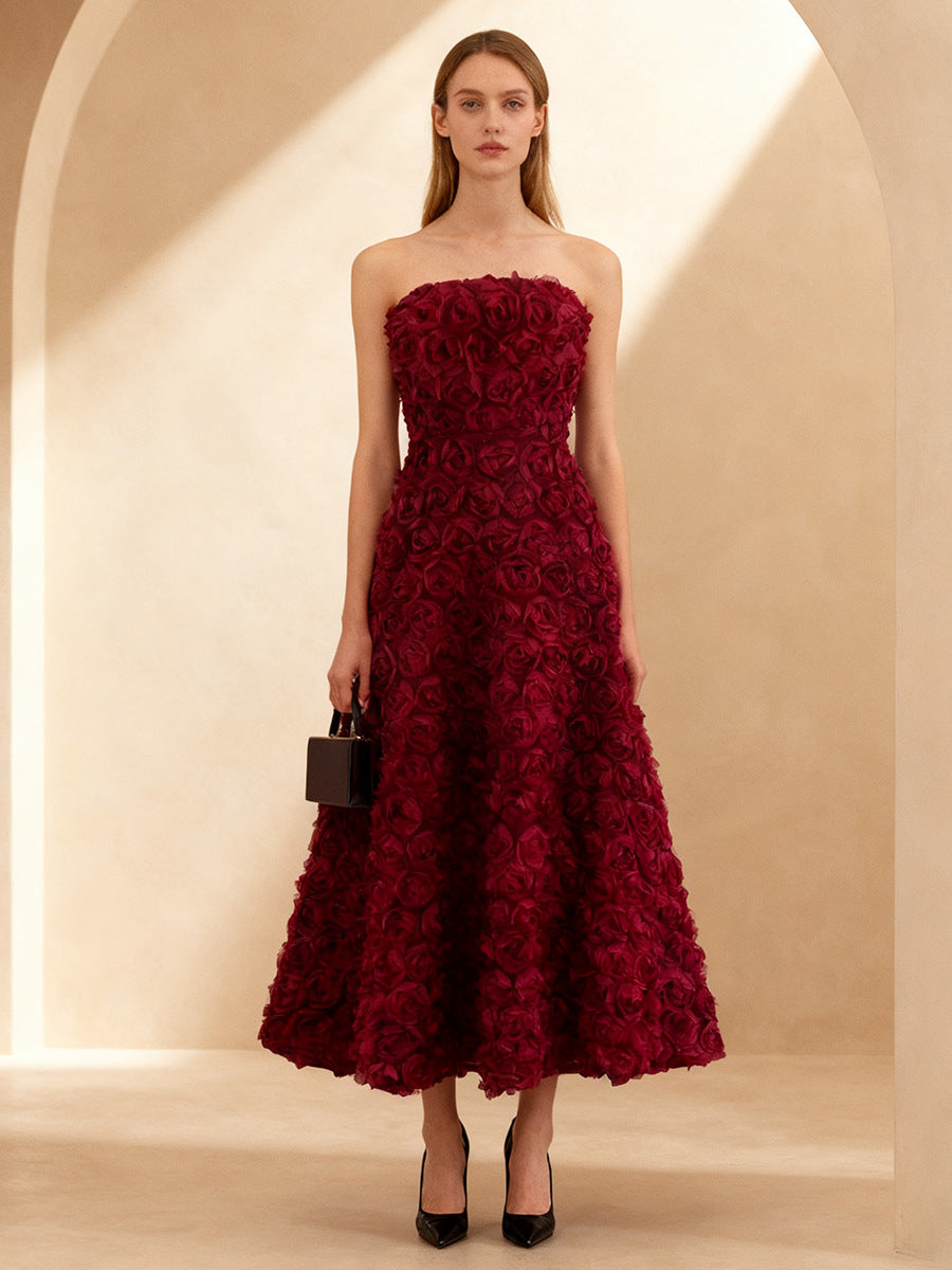 mona 3D Rose Petal Strapless Mesh Maxi Dress in wine red Avalabel