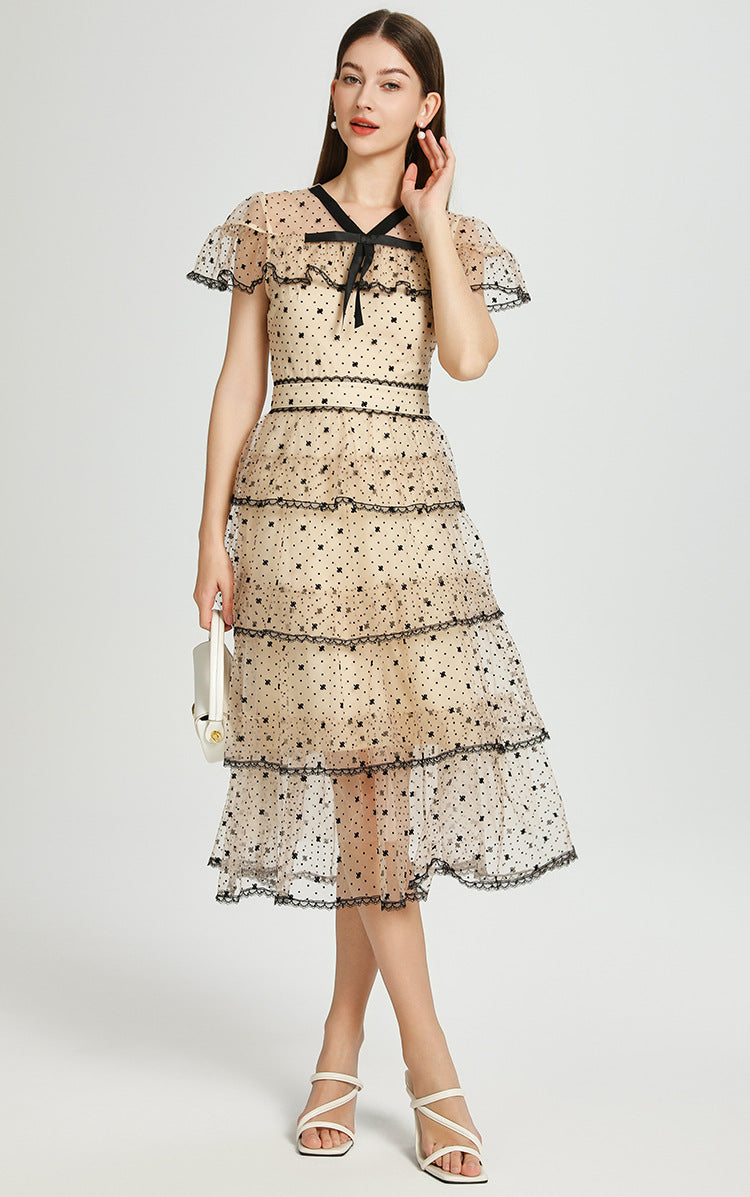 floral Embroidery pleated mesh midi dress in apricot Avalabel