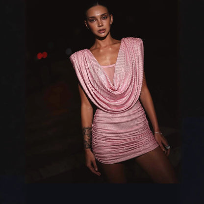 Shiny rhinestone elastic pleated mini dress in pink