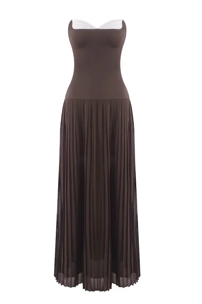 Nelly Pleated Detail Strapless Maxi Dress in Brown Avalabel