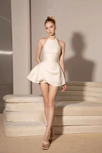 Elsa Pleated Backless Halter Mini Dress in Beige Avalabel