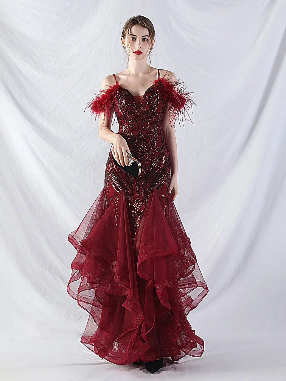 feather sequin strapless tulle maxi dress Avalabel