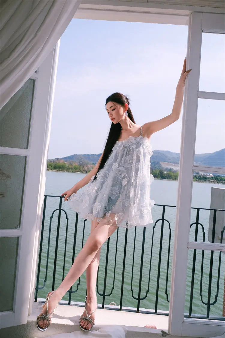 Tutu Light Blue Sleeveless Flower Diamond Short Doll Dress Avalabel