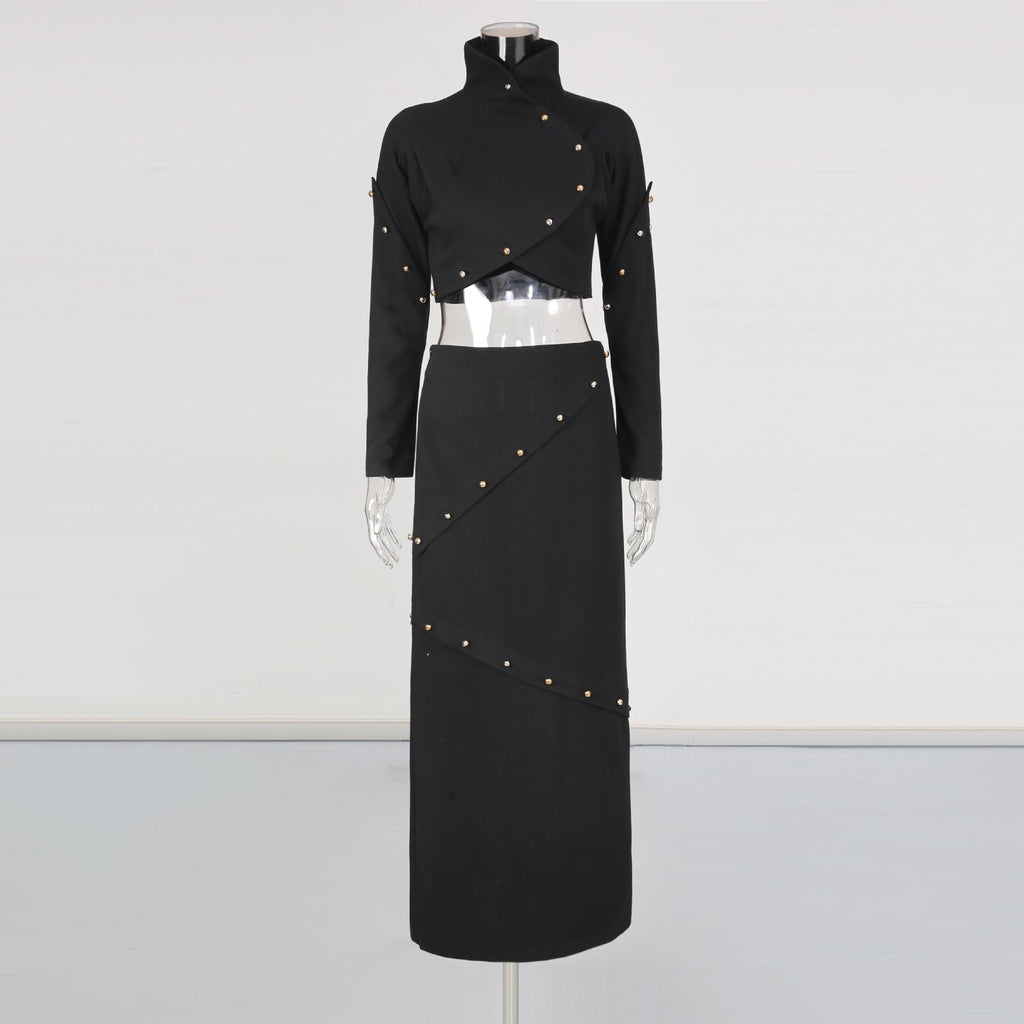 Button-embellished cotton-jersey top maxi skirt suit in black Avalabel