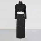 Button-embellished cotton-jersey top maxi skirt suit in black Avalabel