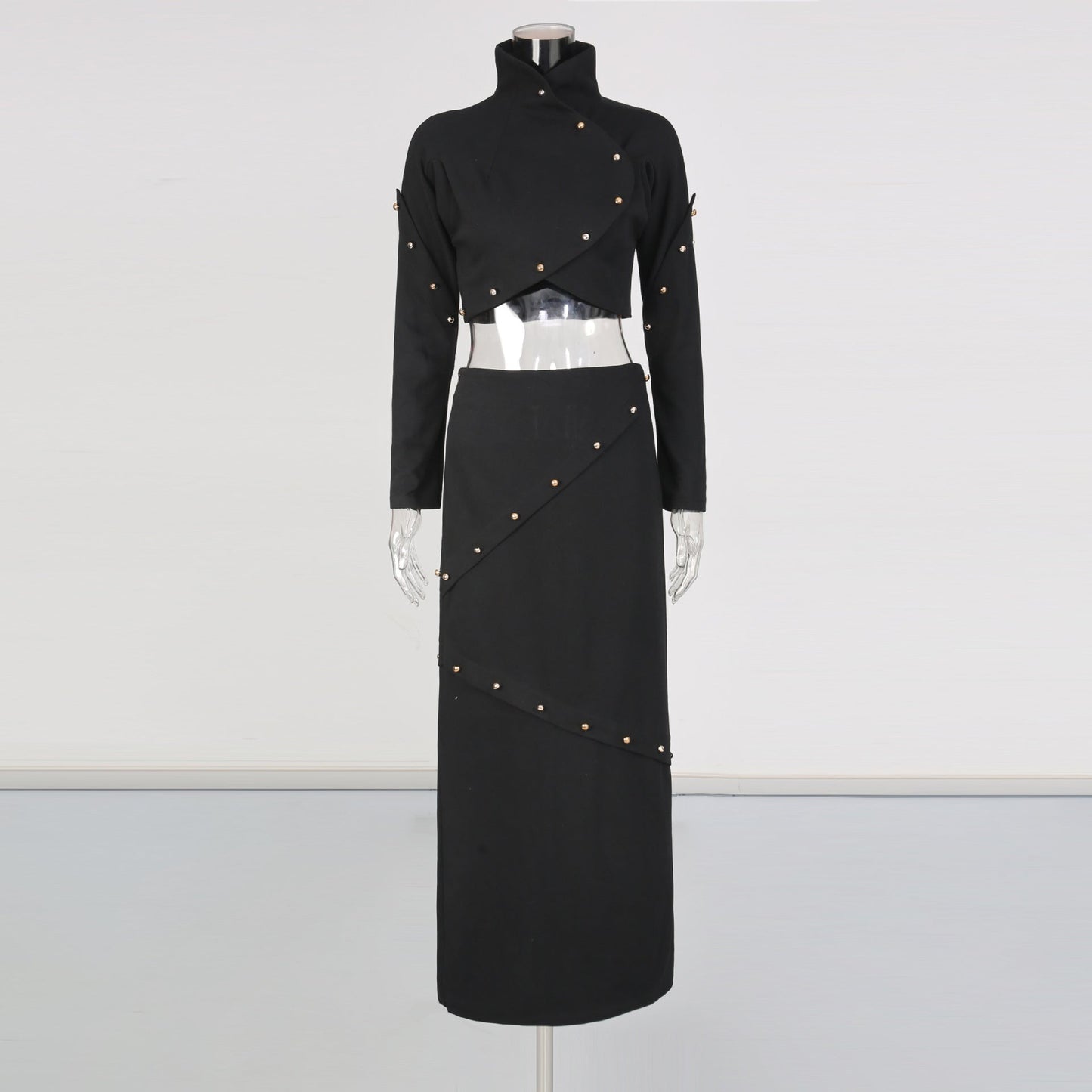 Button-embellished cotton-jersey top maxi skirt suit in black
