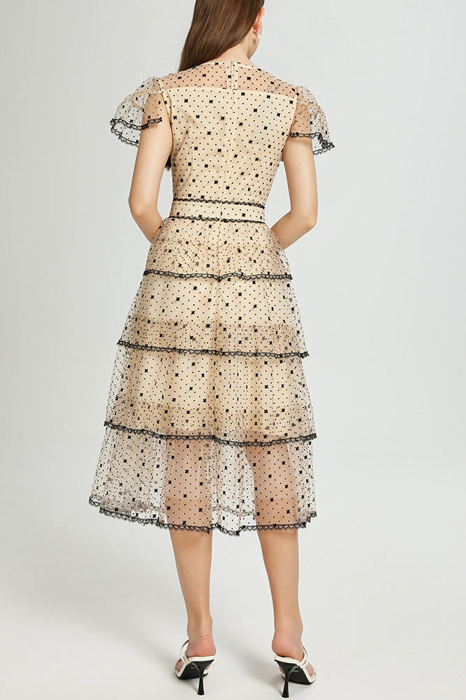 floral Embroidery pleated mesh midi dress in apricot Avalabel
