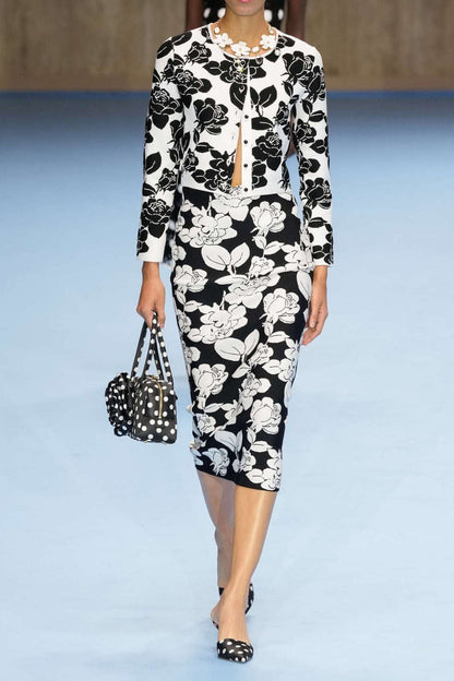 Knit Floral Jacquard Midi Pencil Cardigan Skirt Set