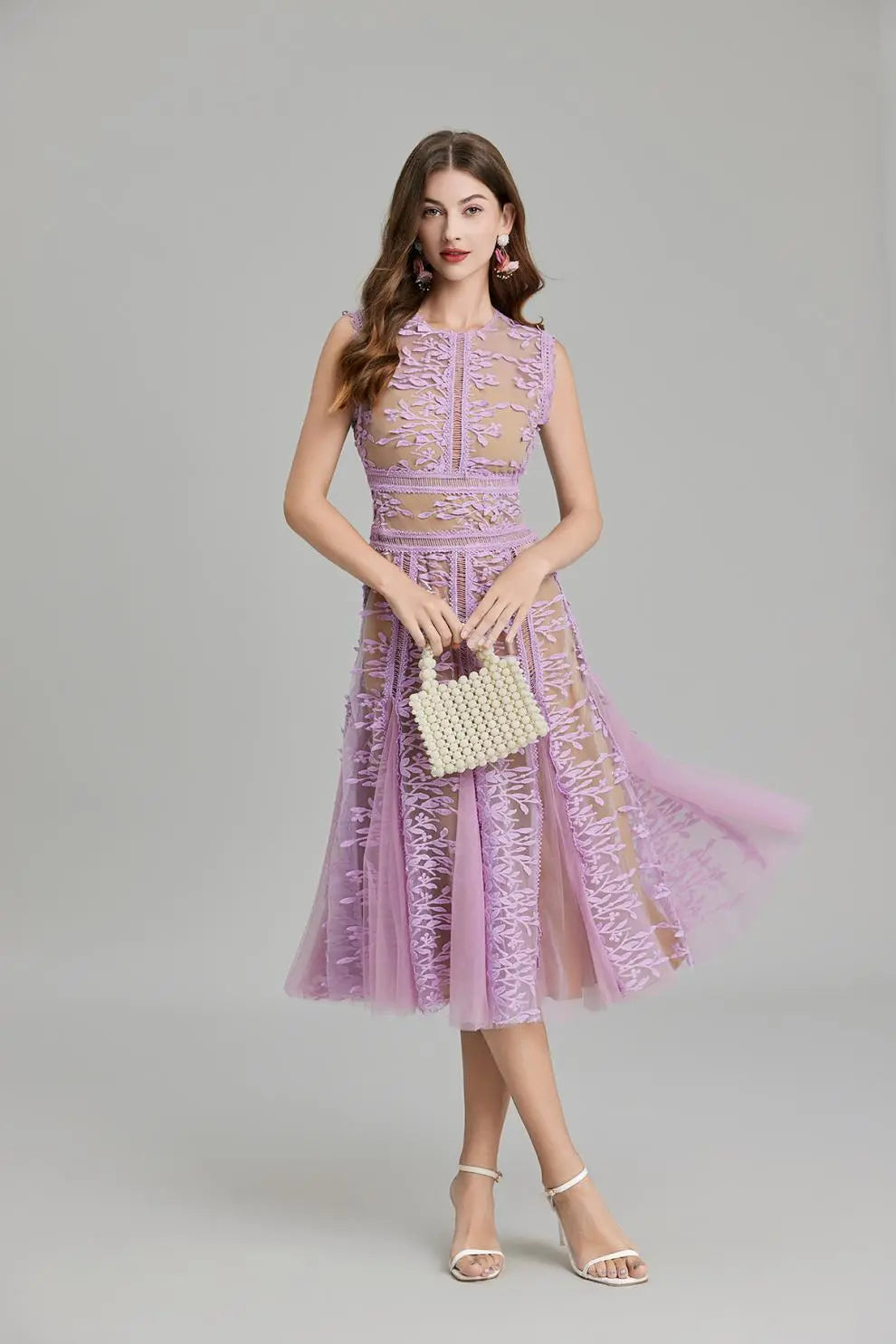 Phoenix 3D Embroidered Lace Mesh Midi Dress in Purple Avalabel