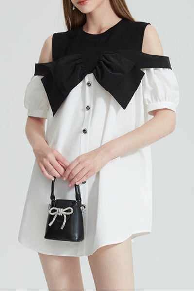 Evelyn Off-Shoulder Contrast Bow Mini Dress Avalabel