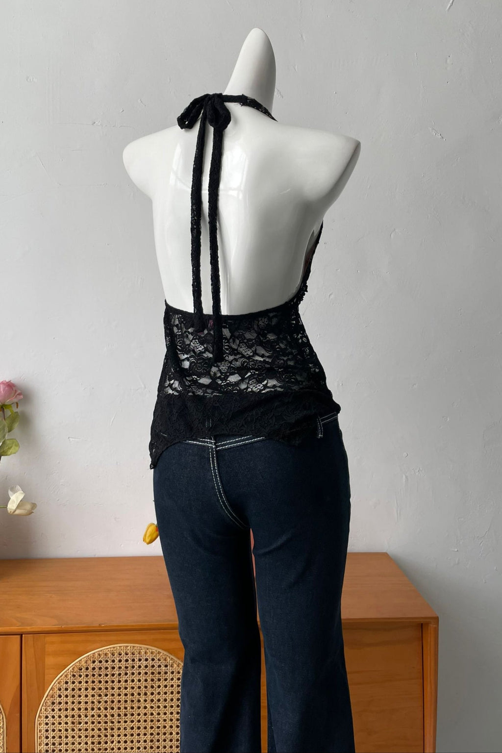 Backless Sheer Lace Halter Top in Black Avalabel