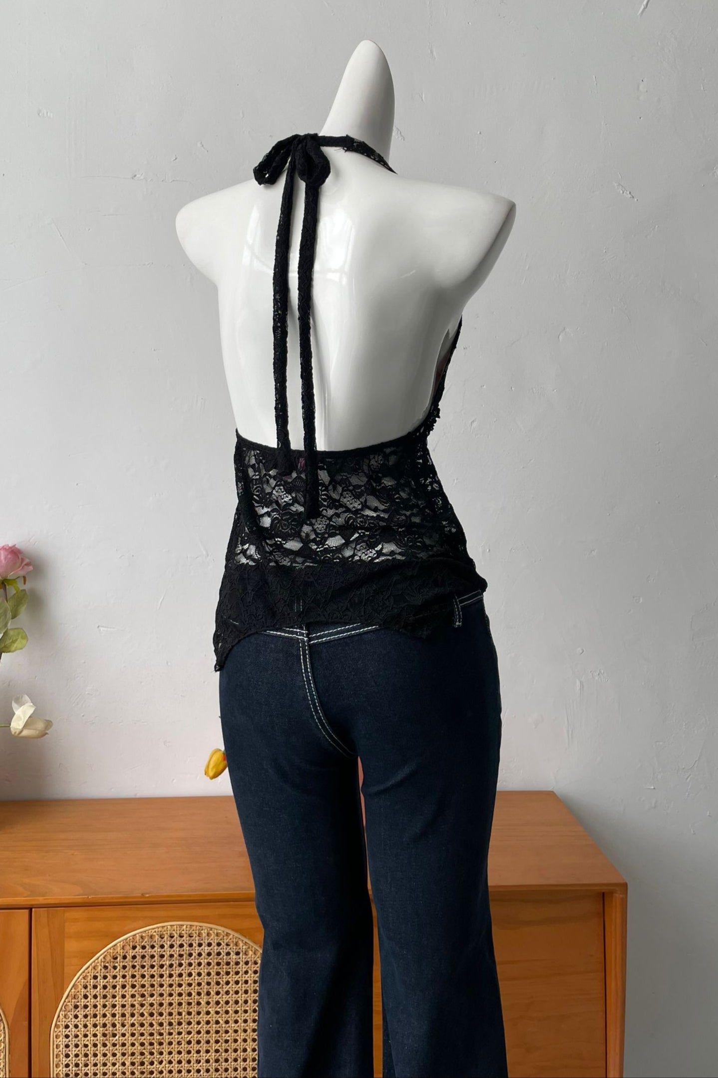 Backless Sheer Lace Halter Top in Black Avalabel