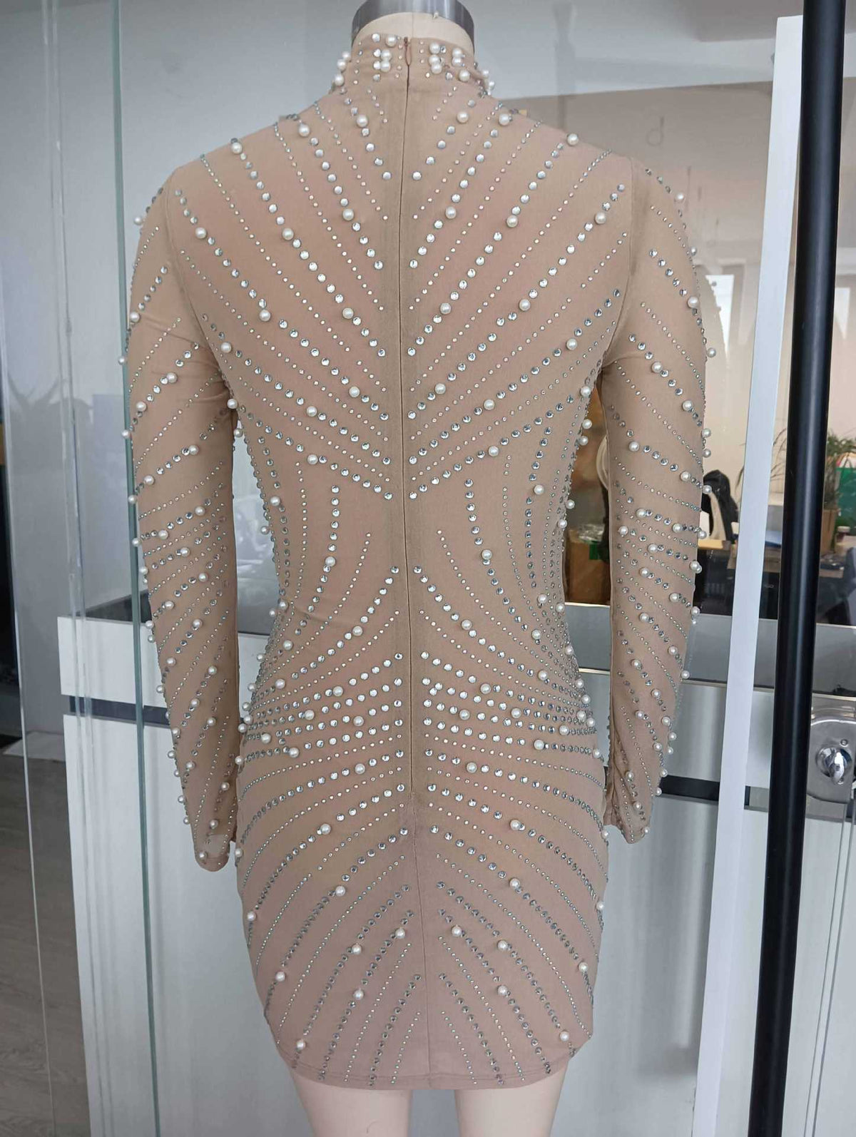 Khaki Tassel Rhinestone Mesh Pearl Hip-Wrap mini Dress Avalabel