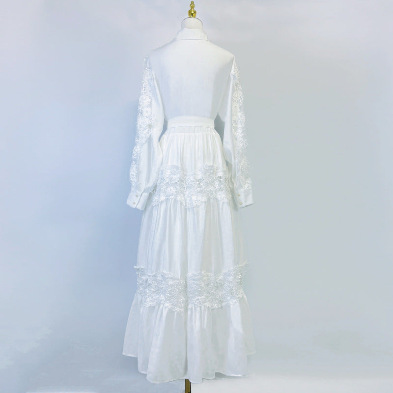 Alexandra Splicing Flapped Lace Hollow Midi Dress in White Avalabel