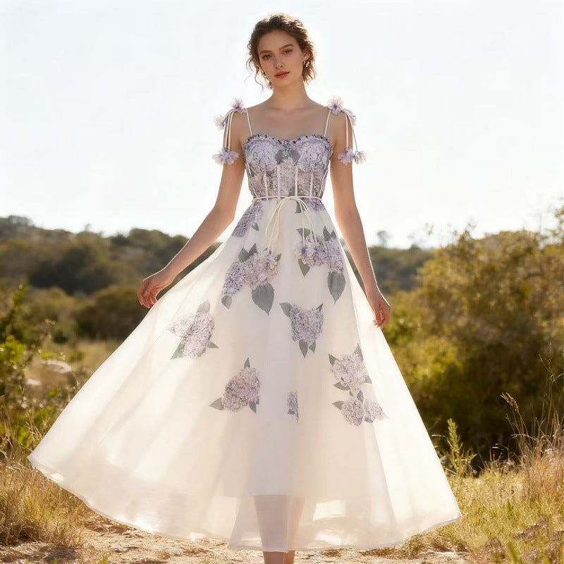 Pastel Floral Print Spaghetti Strap Midi Dress with 3D Flower Appliqués Avalabel