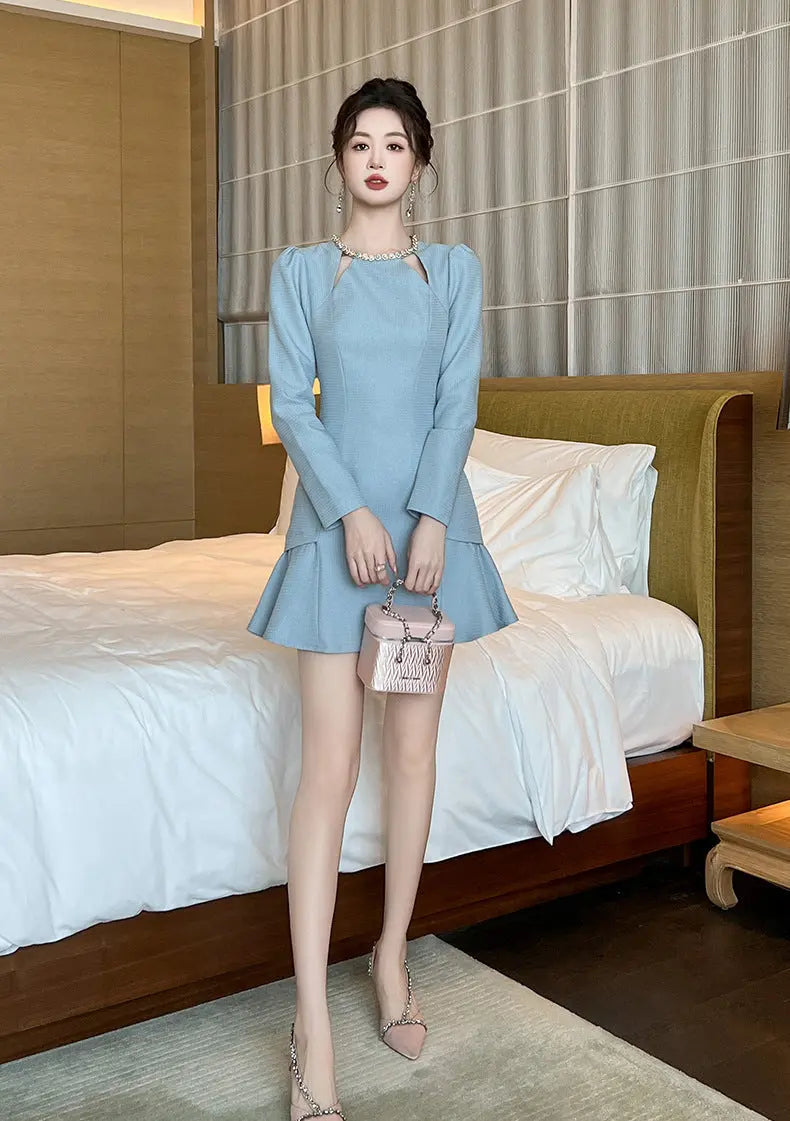 sylvia rhinestone neck cutout mini dress in blue Avalabel