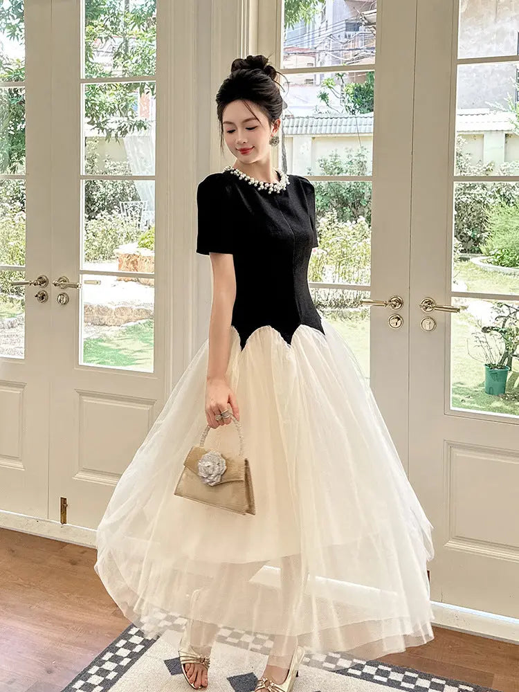 Leona Black-White Two-Tone Rhinestone Neck Tulle Maxi Dress Avalabel