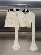 Nefertiti Apricot Embroidered Floral Backless T-shirt and Skirt Set Avalabel