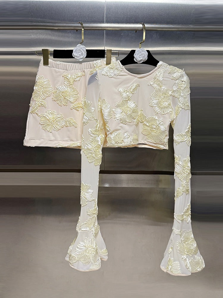 Nefertiti Apricot Embroidered Floral Backless T-shirt and Skirt Set Avalabel