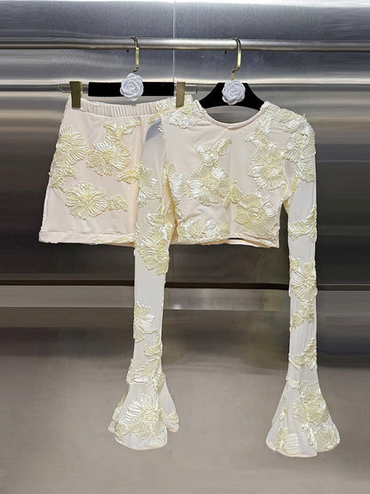 Nefertiti Apricot Embroidered Floral Backless T-shirt and Skirt Set