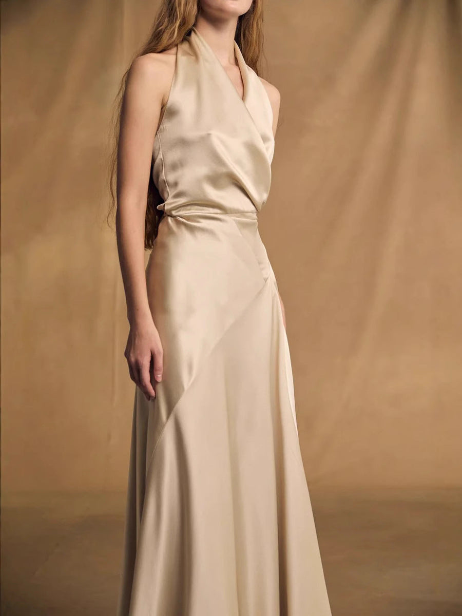 Kay Champagne Crepe Bias-Cut Satin Halter Maxi Dress Avalabel