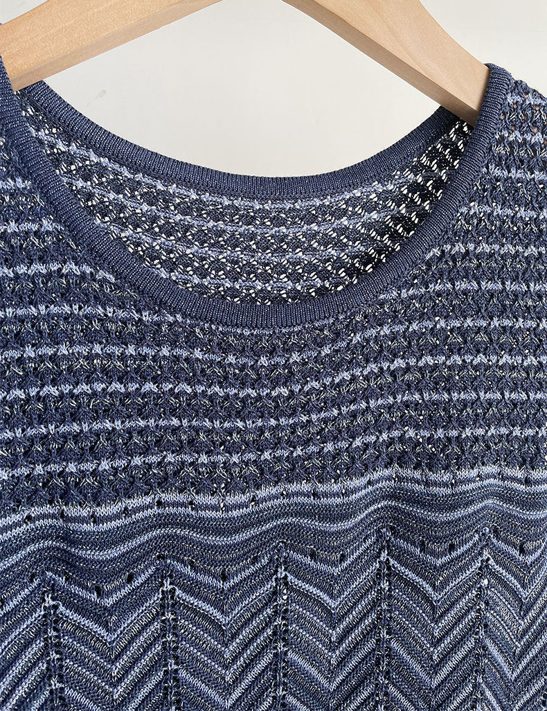 Hollow Striped Sleeveless Knit Midi Dress in Royal Blue Avalabel