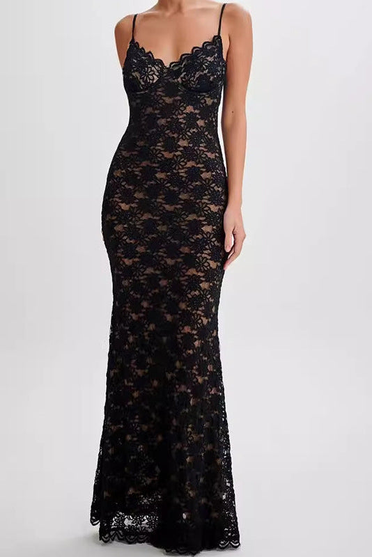 Black Lace Slip Maxi Dress Avalabel