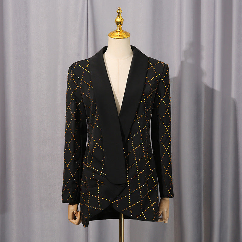 adelaide black Folded Collar Rhinestone Blazer Avalabel