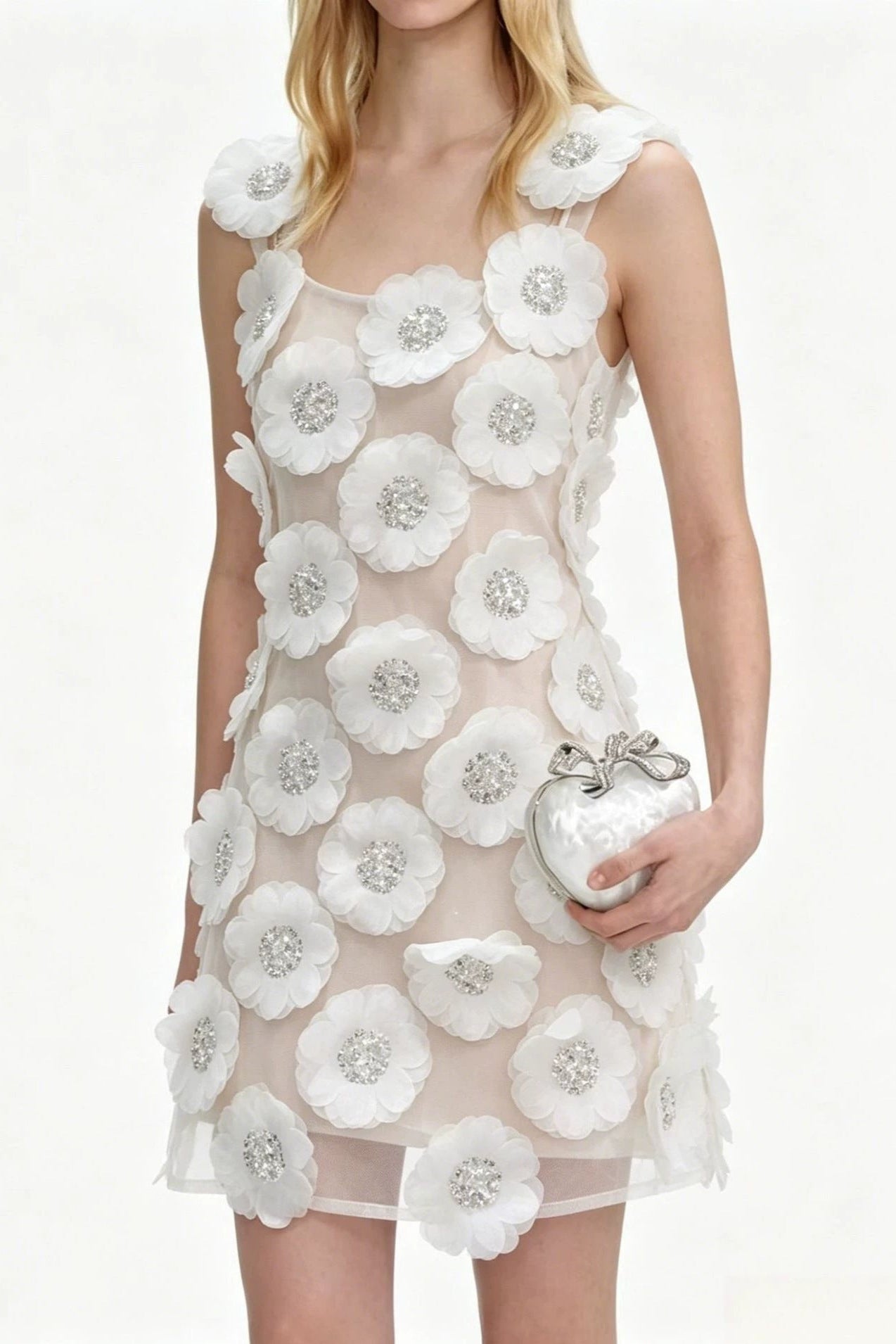 Lola Rhinestone 3D Flowers Mini Dress - White Avalabel