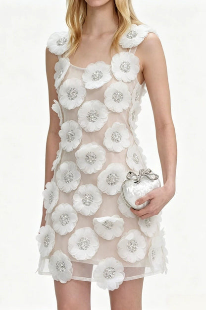 Lola Rhinestone 3D Flowers Mini Dress - White