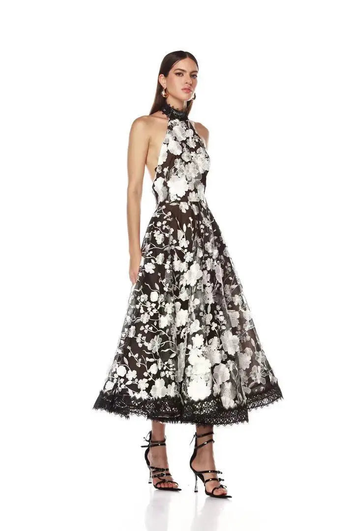 alyssa black Halter Floral Embroidered Midi Dress Avalabel