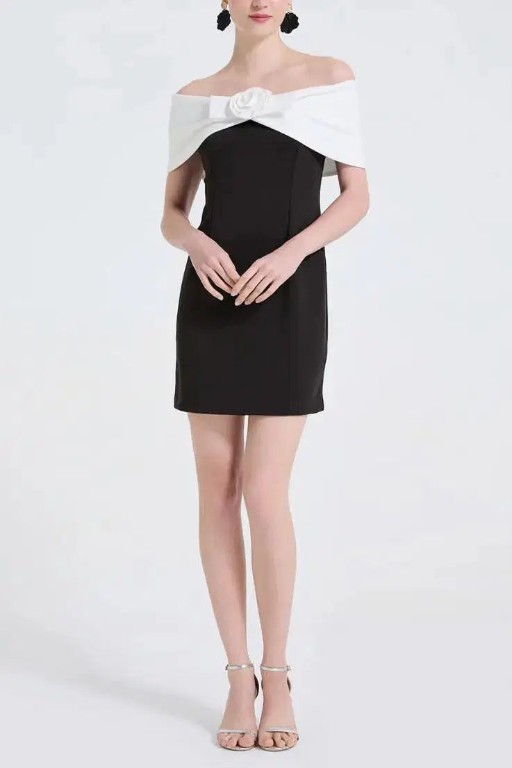 Sandra Off-Shoulder 3D Flower Mini Dress in Black Avalabel