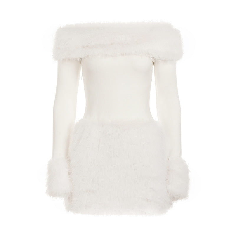 White Strapless faux fur slim mini dress Avalabel