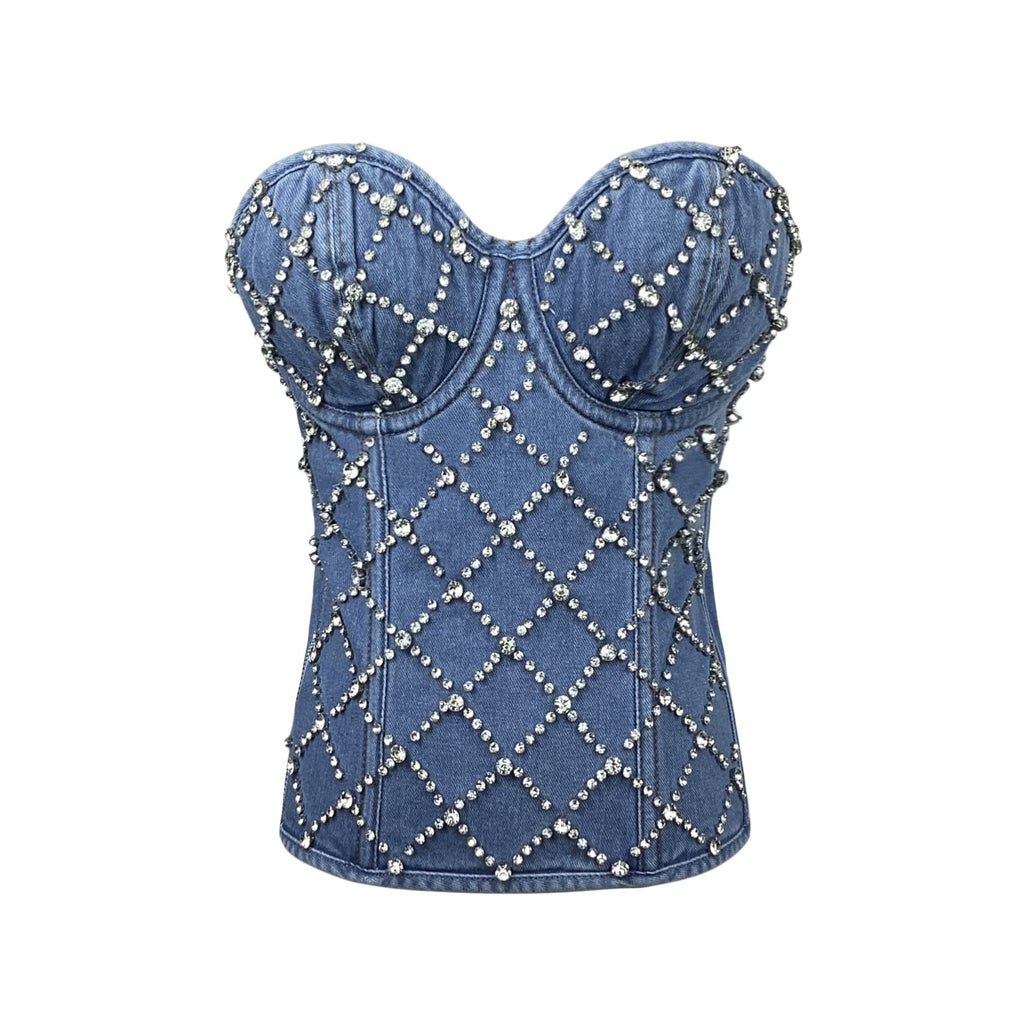 Jacqueline Crystal Embellished Strapless Denim Top in blue Avalabel