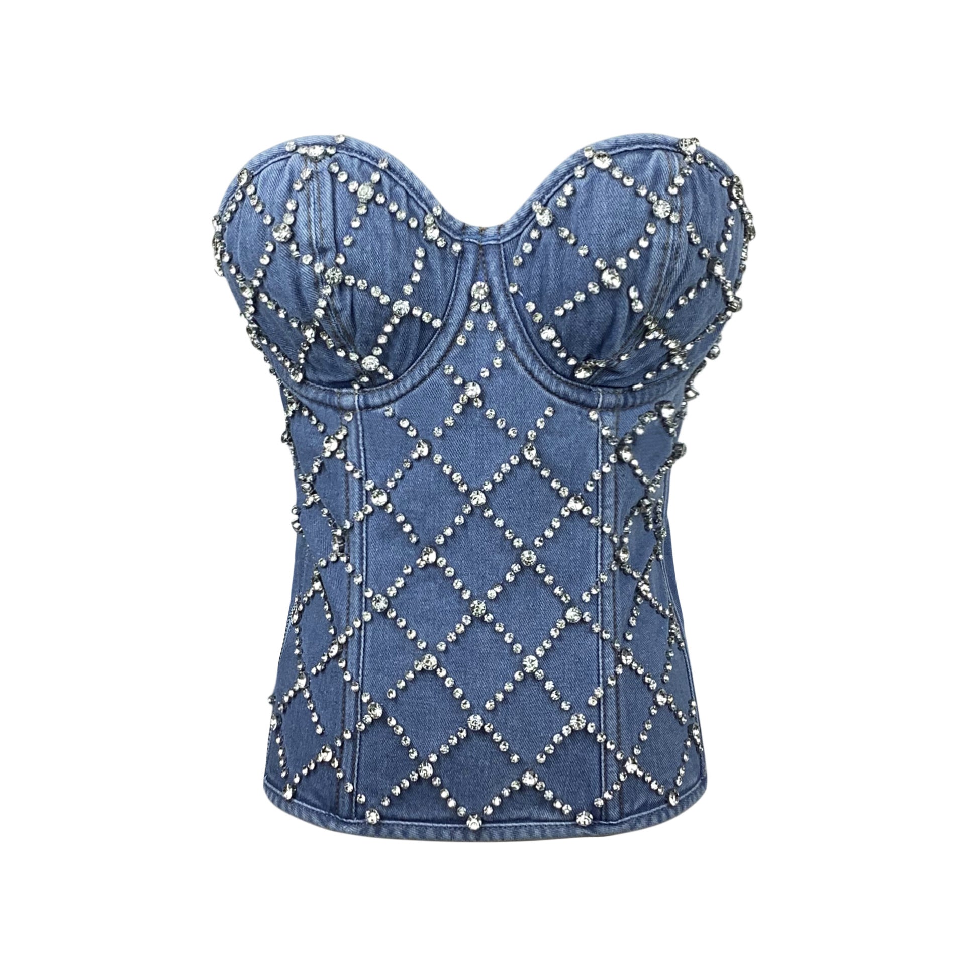 Jacqueline Crystal Embellished Strapless Denim Top in blue Avalabel