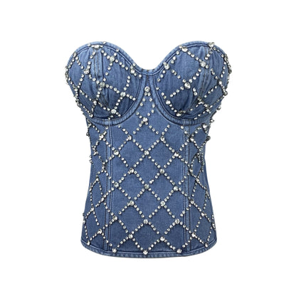 Jacqueline Crystal Embellished Strapless Denim Top in blue