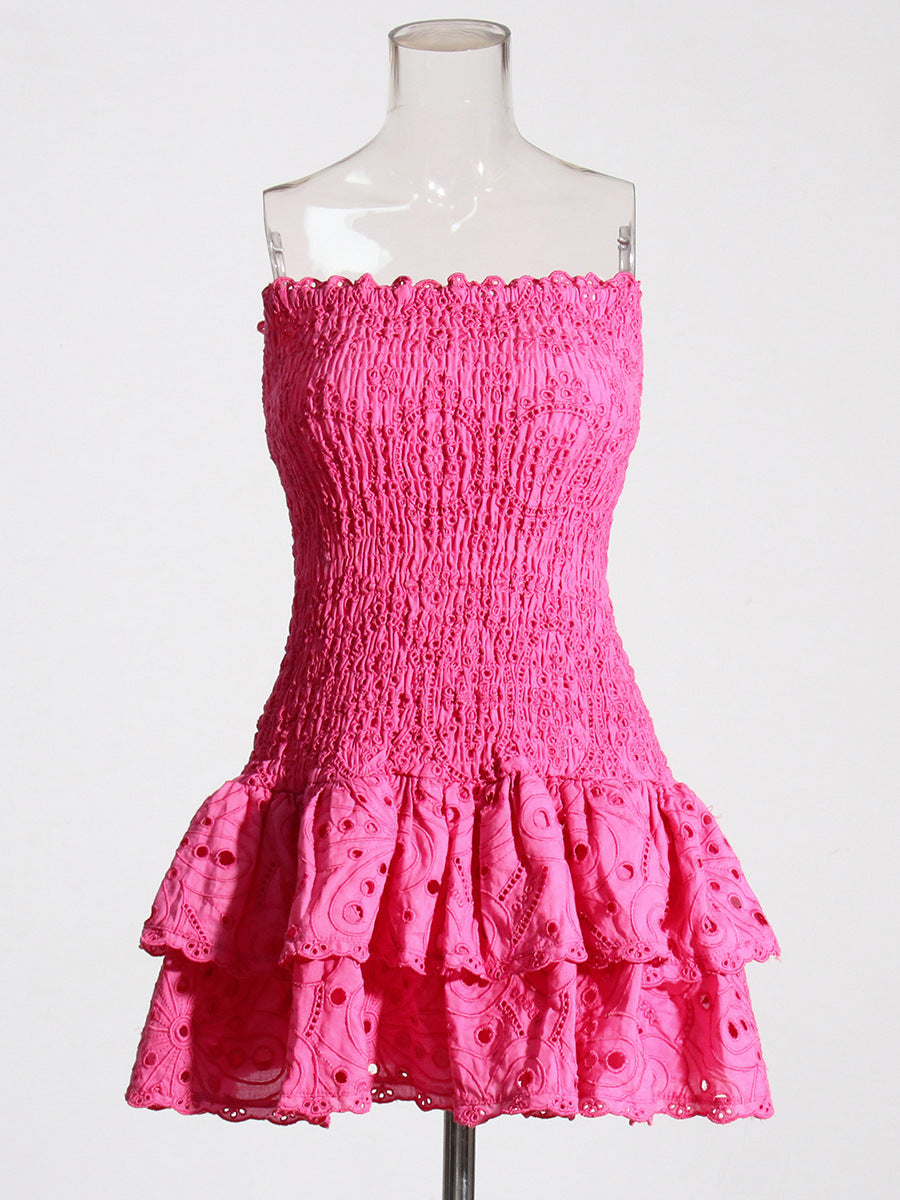 Eyelet Layered Strapless Mini Dress in Fuchsia Avalabel