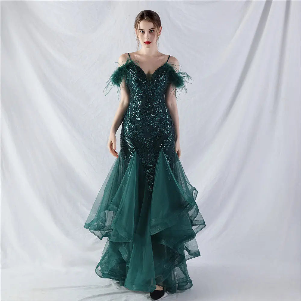 feather sequin strapless tulle maxi dress Avalabel