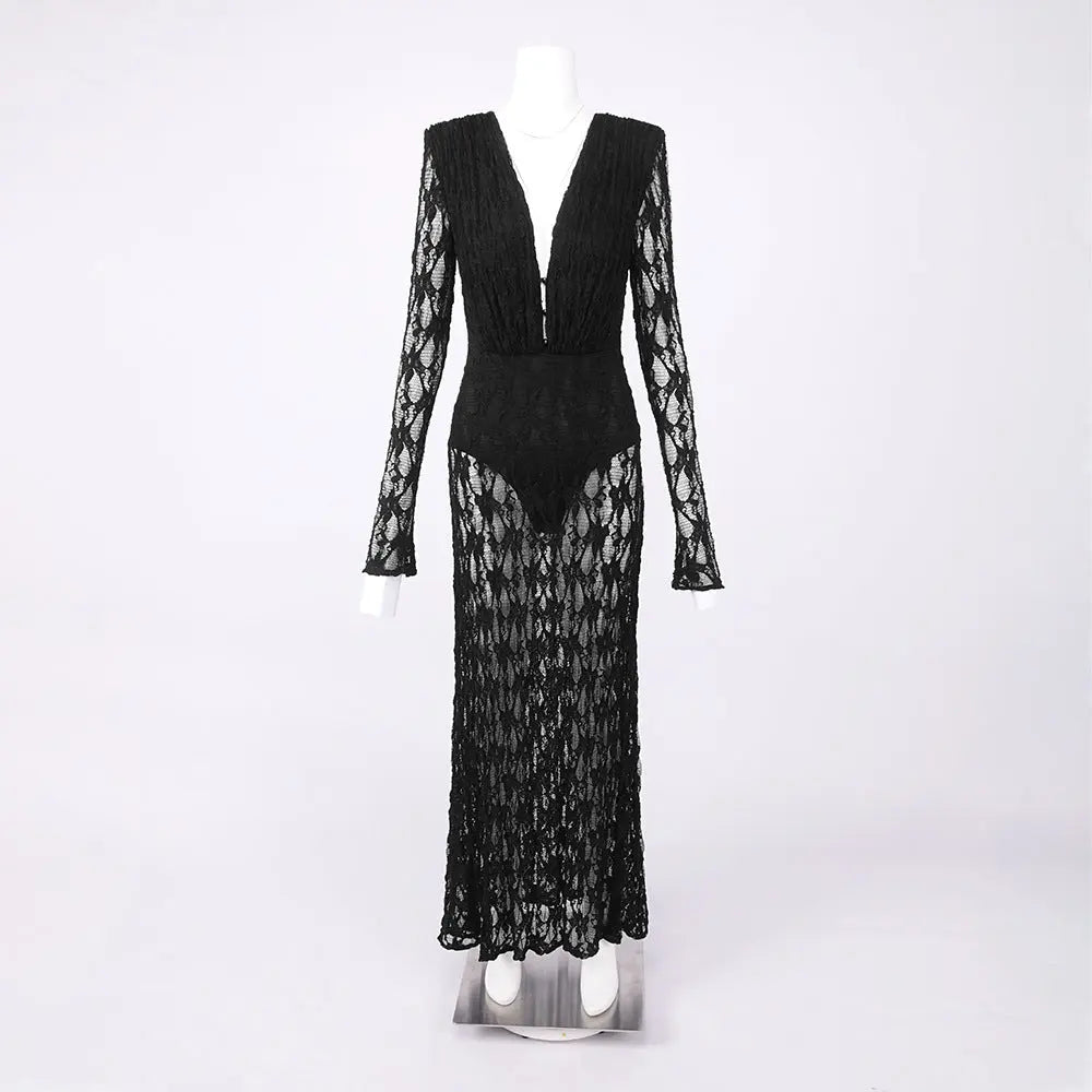 gwendolyn v neck hollow long sleeve lace maxi dress  in black Avalabel