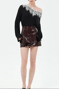 Camille Sequin Embellished Leather Mini Skirt in Burgundy Avalabel