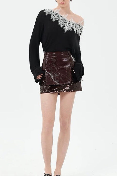 Camille Sequin Embellished Leather Mini Skirt in Burgundy Avalabel