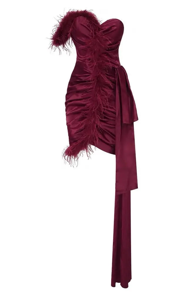 burgundy feather embellished strapless mini dress Avalabel