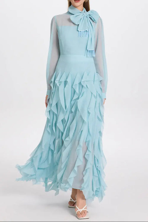 bonnie blue Bow Neck Tiered Ruffle Maxi Dress Avalabel