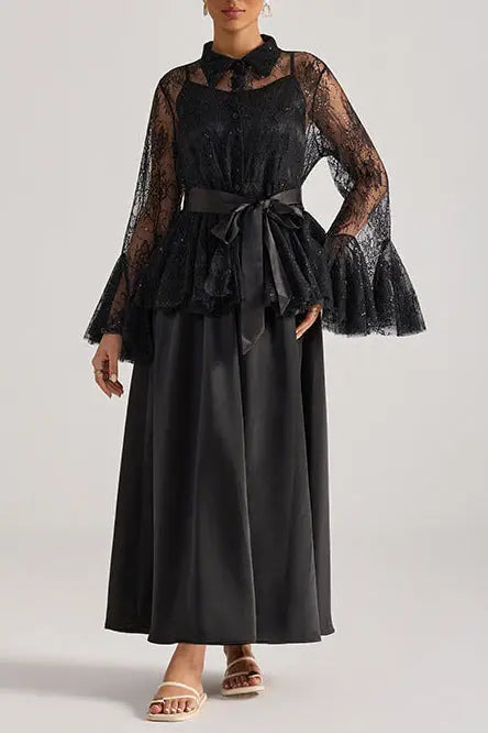 Tiffany Black Lace Bell-Sleeve Ruffle Embroidered top maxi skirt set Avalabel