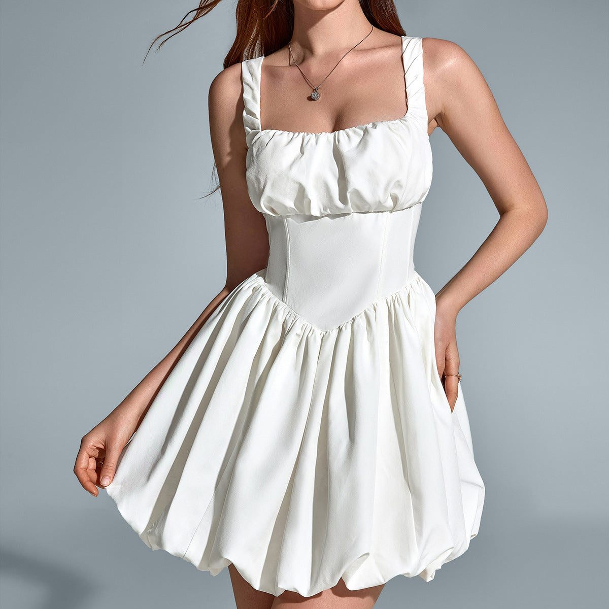 Ruched Strap Corset Bubble Hem Mini Dress poava