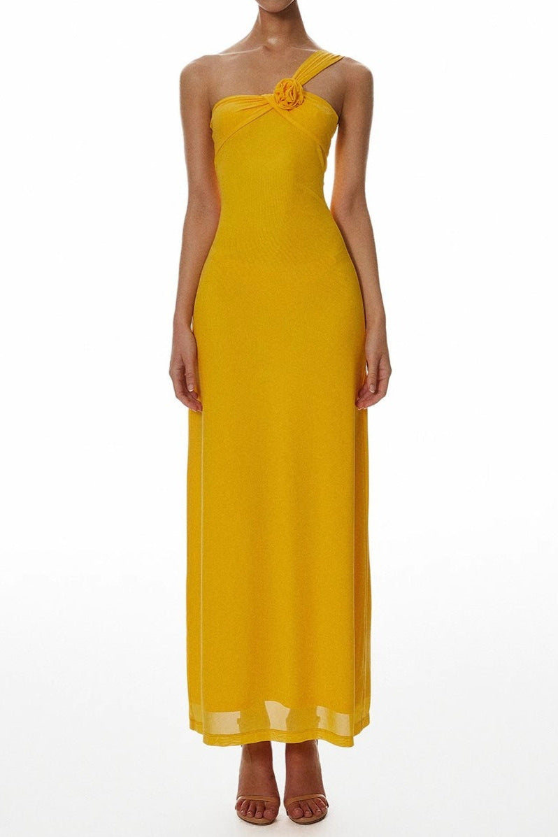 One-Shoulder Flower A-Line Maxi Dress in Yellow Avalabel