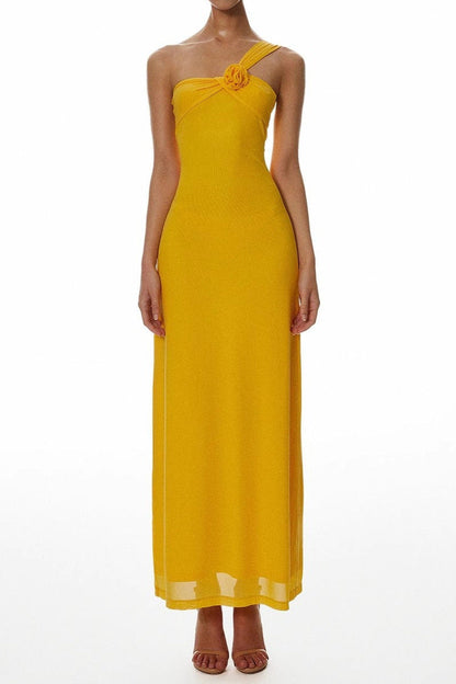One-Shoulder Flower A-Line Maxi Dress in Yellow
