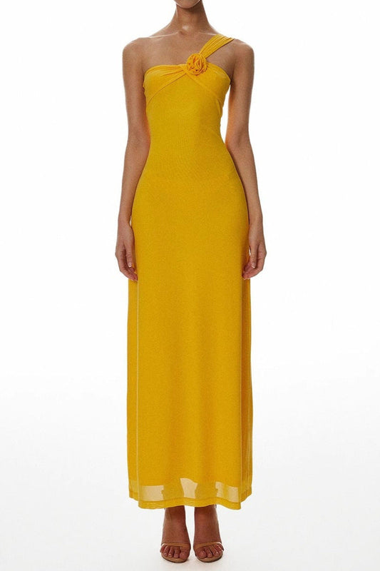 One-Shoulder Flower A-Line Maxi Dress in Yellow