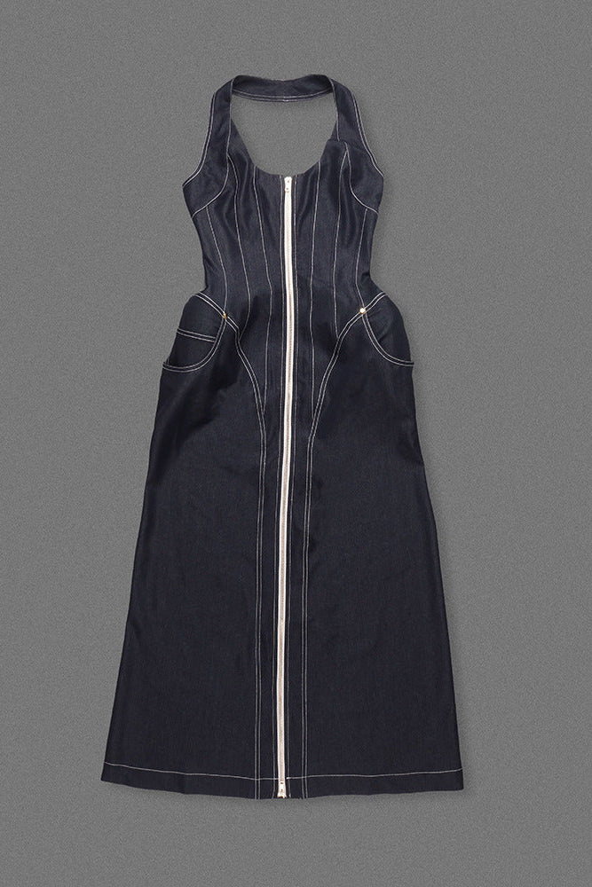 Haltered Corseted Midi Dress Denim in Navy Blue Avalabel
