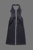 Haltered Corseted Midi Dress Denim in Navy Blue Avalabel
